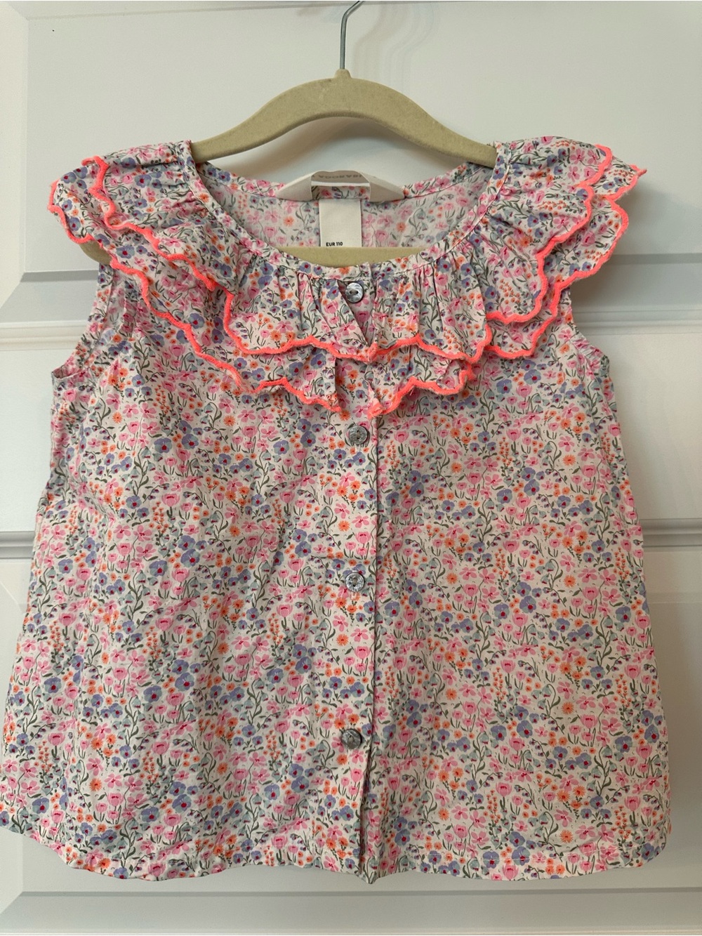 H&M Girls Floral Ruffle Button-Front Top in Pink and Neon Coral Trim